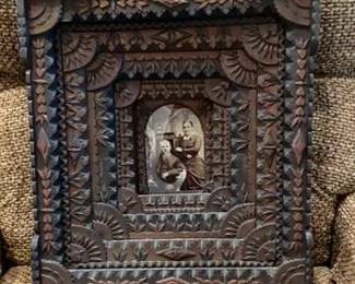Antique Hand Carved Wood Frame With Picture 