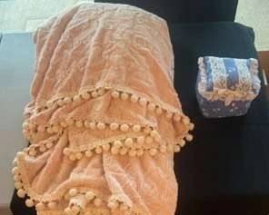 Pink Textured Cotton Handwork Throw possibly King Size, Sewing Storage 