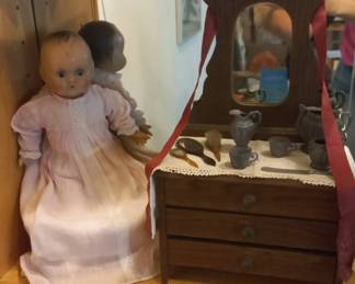 Antique Doll and Wooden Dresser