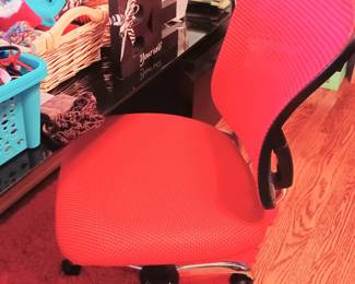 Hot Pink desk chair and black glass top desk