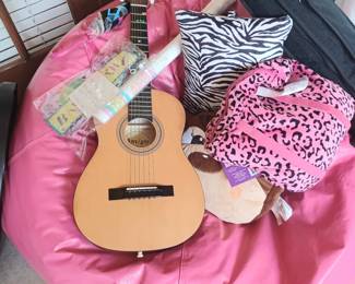 Girls beanbag, pillows and child size guitar