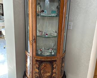 One of a kind importanted Italian curio. Inlaid wood design, fabric back, glass shelves, and storage at the bottom. $400 OBO