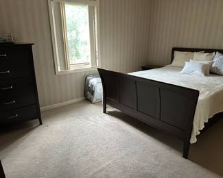 Dark cherrywood bedroom set - queen sized bed, two side tables and tall storage chest for $350. 