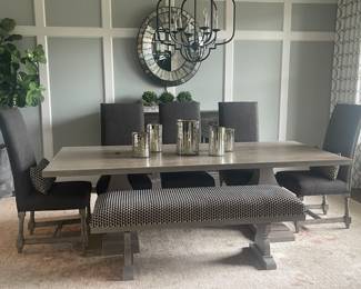 PRE- SELLING PLEASE CALL FOR INFO-Fantastic custom dining room table with 5 chairs and a custom dining bench hand made by Shade Woodworking.  ( Mirror pictured on wall and plant are not for sale)