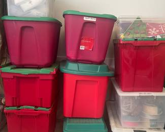 Christmas totes filled with Christmas decoration