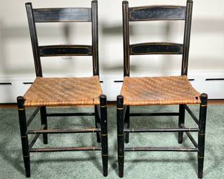 PAIR VINTAGE WOOD PAINTED CHAIRS | 2 hand-painted ladderback wood side chairs with woven seats. - l. 16-1/4 x w. 15-1/2 x h. 31 in