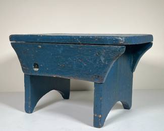 ANTIQUE WOOD STOOL | Antique blue painted wooden stool with original paint. -  l. 13.25 x w. 8.25 x h. 8.5 in