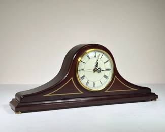 BOMBAY MANTLE CLOCK | Traditional style mahogany mantel clock by The Bombay Company with Roman numeral markers. -  l. 19 x w. 3 x h. 7.5 in