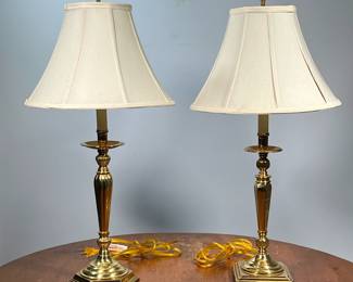 (2PC) BRASS LAMPS | Two similar table lamps having candlestick tops with fluted stems, one with hexagonal base, the other square. - h. 28 x dia. 6 in