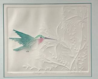 N.D. HOOVER EMBOSSED PRINT | Betsy’s Hummer embossed print on paper of a humming bird (9.5 x 11.5 in. sight), signed & dated ‘82, ed. 27/50 and titled on bottom. -  l. 18 x w. 16 in (frame)