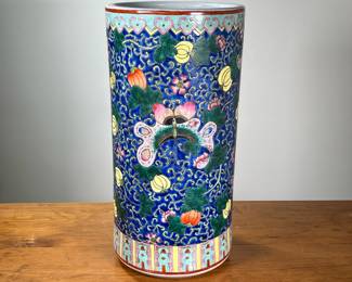 ANTIQUE HAND-PAINTED GLAZE ASIAN UMBRELLA STAND | Decorated with vibrant colors depicting butterflies, vines, leaves, and squash. - l. 9 x w. 9 x h. 17-1/2 in

