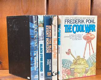 SCIENCE FICTION BOOKS BY FREDRICK POHL | The Cool War, The Early Pohl, Beyond the Blue Event Horizon, Black Star Rising, Venus Inc. by Fredrick Pohl, with dust jackets. - l. 6 x w. 1 x h. 8-1/2 in