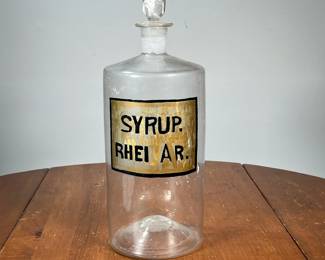 LARGE EARLY-BLOWN GLASS APOTHECARY JAR | Syrup, with stopper. - h. 15 in (over stopper)
