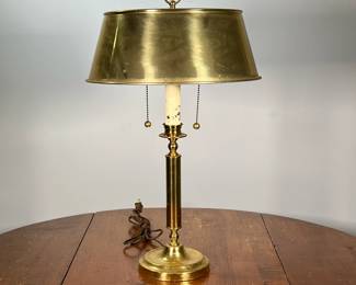 BRASS DESK LAMP | Having candlestick shape with 2 bulbs and brass shade. - h. 23 x dia. 14.5 in (with shade)
