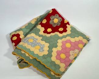 COLORFUL HEXAGONAL QUILT | Made from hexagonal fabric pieces with colorful patterns. -  l. 86 x w. 80 in