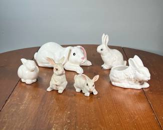 (6PC) MISC. BUNNYS | Including two by BOEHM, three ceramic, and one concrete bunny rabbit figure. - l. 10-1/2 x w. 5-1/2 x h. 6 in
