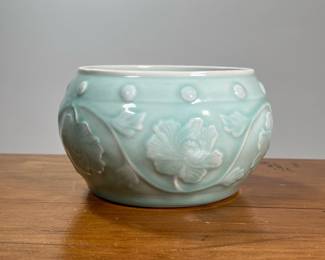 ANTIQUE CHINESE CELADON PLANTER | Chinese glaze painted planter/vase with sculpted flower pattern, with underglaze blue marking on the bottom. - l. 7 x h. 4-1/2 in


