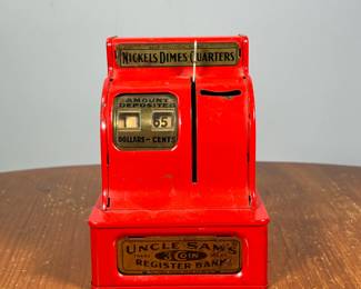 UNCLE SAM’S 3 COIN REGISTER BANK | Antique coin bank in cash register form, takes nickels, dimes, and quarters and tracks the amount deposited, can hold up to $50. -  l. 5.25 x w. 4.5 x h. 6.25 in