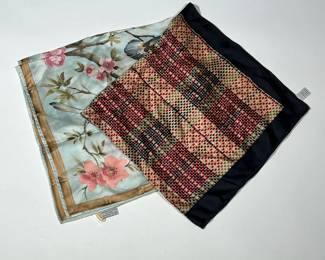 TWO TALBOTS SCARVES | Both silk scarves, one with a bamboo edge and floral design and the other with a dotted horizontal and vertical design. - l. 48 x w. 48 in