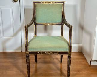 ANTIQUE LATE 18TH CENTURY ARM CHAIR | Green upholstery, painted with gilt highlights; seat height 18 in. - l. 21-1/2 x w. 22 x h. 36 in
