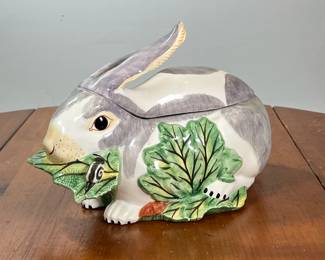 MOTTAHEDEH MAJOLICA BUNNY RABBIT & FOLIAGE | Vintage Italian rabbit-form vessel signed Italy on the underside. - l. 13 x w. 7 x h. 8-3/4 in