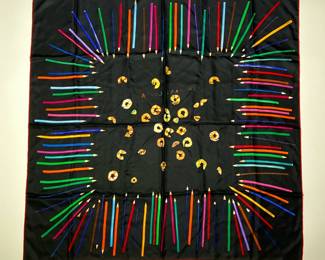 HERMES PARIS SCARF | Hermes 100% silk scarf decorated with pencil shavings and colored pencils, made in France. - l. 34-1/2 x w. 34 in

