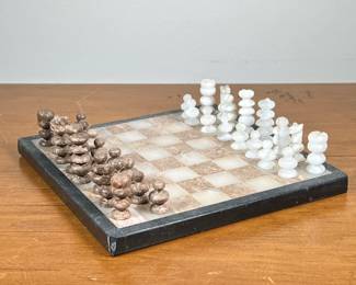 MARBLE CHESS BOARD | Brown and white marble chess set, includes all chess pieces. - l. 7-1/2 x w. 7-1/2 in

