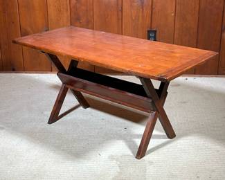 WOODEN WORK TABLE | Trestle basewood center table. -  l. 42-1/2 x w. 19 x h. 21 in
