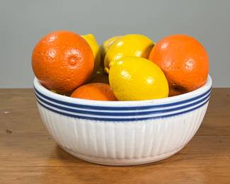 FRUIT BOWL WITH WOODEN FRUIT | Bowl full of wooden lemons and oranges. - l. 9 x w. 9 x h. 3-1/2 in