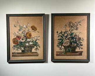 (2PC) FLOWER BASKET LITHOGRAPHS | Pair of French floral lithographs showing baskets of flowers, uniformly framed. - l. 19.75 x w. 15.5 in
