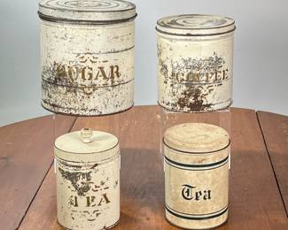 (4PC) VINTAGE KITCHEN CANISTERS | Round kitchen tins, including sugar, coffee, and two tea tins. -  l. 8 x h. 8-1/2 in