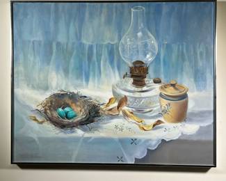 DORIS MEYER OIL PAINTING | Tabletop still life painting showing robin's eggs in a nest next to an oil lamp and crock, signed lower left. - l. 30.5 x w. 24.25 in
