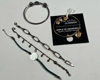 MISC SILVER & OTHER JEWELRY | Misc jewelry, including three marked silver bracelets, one Alex and Ani "apple of abundance" bracelet, and a silver and lace bracelet. - l. 2-1/2 in

