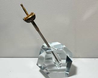 VINTAGE EXCALIBUR & STONE PAPERWEIGHT AND LETTER OPENER | Marked "Toledo" on the sword-form letter opener. - l. 4 x w. 3-1/2 x h. 7-1/2 in