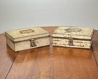 PAIR KREAMER SPICE TIN BOXES | Each box includes six small tins inside for spices, marked KREAMER on the bottom. - l. 10 x w. 7 x h. 3-3/4 in