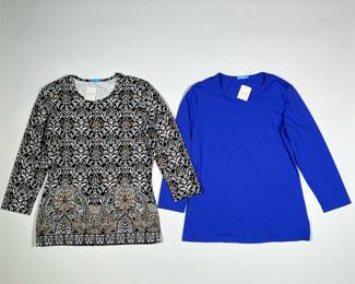 (2PC) J. MCLAUGHLIN SHIRTS | Women's signature 3/4 sleeve blouses, including a solid blue shirt, and one patterned shirt in a black/sand rancho hills color, both size small.
