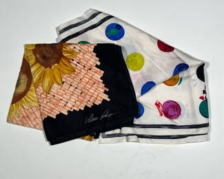 TWO SILK SCARVES | Including a Juicy Couture dotted pattern silk scarf and a Marco Voeluza silk scarf with a sunflower design. -  l. 34 x w. 34 in