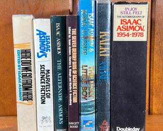 (7PC) ISSAC ASIMOV BOOKS & KALKI BY GORE VIDAI | Including Kalki by Gore Vidal, and books by Isaac Asimov: Joy Still Felt Autobiography, 1954–1978, Where Do We Go From Here?, Marvels of Science Fiction, The Alternate Asimovs, The Seven Deadly Sins of Science Fiction, The Little Ugly Boy. - l. 6-1/2 x h. 9-1/2 in