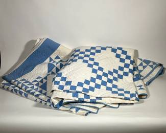 (3PC) BLUE & WHITE QUILTS | Having checkered and triangular patterns. -  l. 80 x w. 69 in