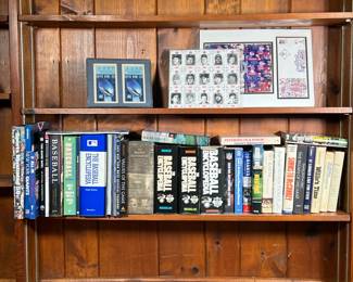 LOT OF BASEBALL & FOOTBALL BOOKS | Baseball, NY Giants, etc., plus two Superbowl XXI tickets framed together; including books authored/published by Macmillan, Crown, Knopf, Dodd Mead, etc. - h. 12 in