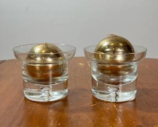 PAIR KROSNO GLASS CANDLE HOLDERS & CANDLES | 2 Krosno glass candle holders with 2 new gold Tag candles. - l. 4 x h. 3-1/4 in

