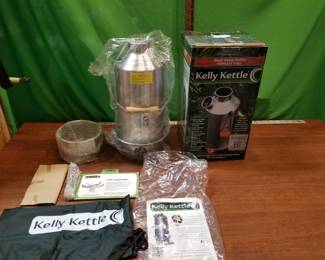 Brand New Kelly Kettle Base Camp model w/Accessories. 2 folding Camp Chairs, 1 Collapsible Cot & Camping accessories also available