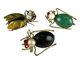 3 Gold Tone Gemstone Beetle Pins