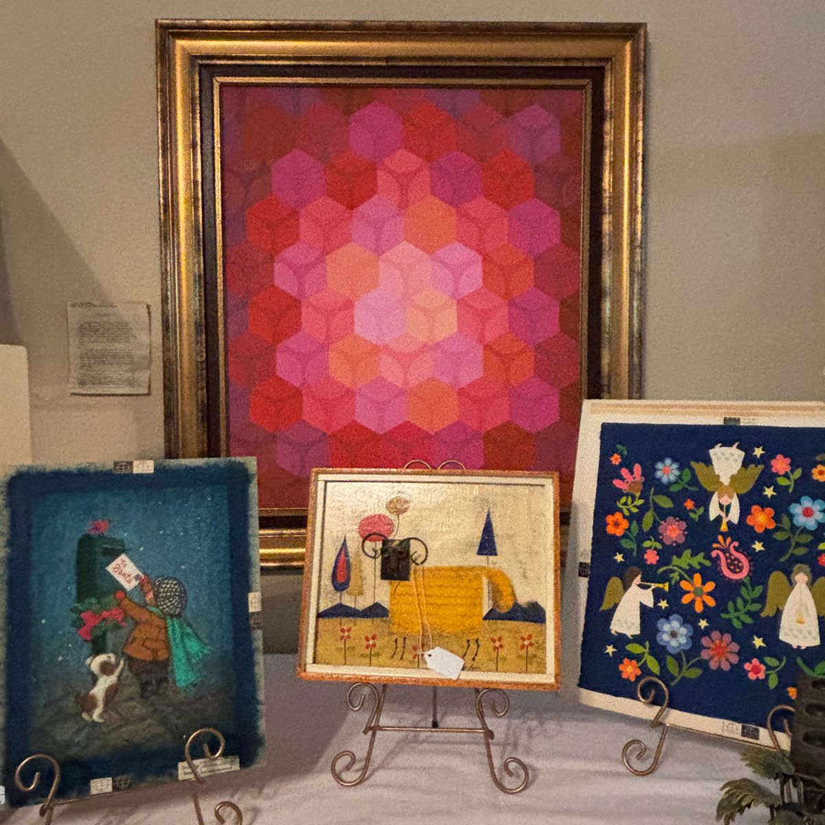 Large geometric oil on canvas by Elisabeth Alsford, Original art for the Drawing Board Card Company and  Mid Century art by Manfariel de Adali.