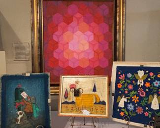 Large geometric oil on canvas by Elisabeth Alsford, Original art for the Drawing Board Card Company and  Mid Century art by Manfariel de Adali.
