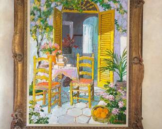 Balcony Scene, Oil on Canvas by Grimaud. 39" H x 29" W.
