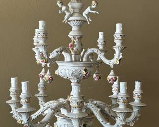 Capodimonte Italian Porcelain Chandelier with 24K Guilt, Cherubs and Roses