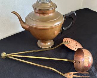 Copper tea pot and utensils