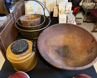 Copper bowls, wood bowl, vintage cooler