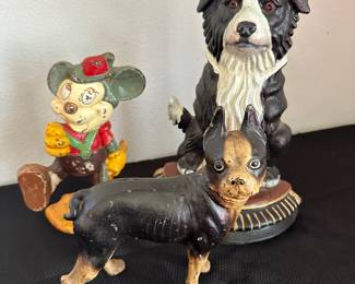 Cast iron Mickey Mouse door stop, Hubley French Bull Dog door stop, Upper Deck collie door stop
